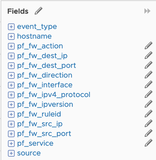 Extracted fields I created based on the log messages. Fields starting with ‘pf’ are the new fields.