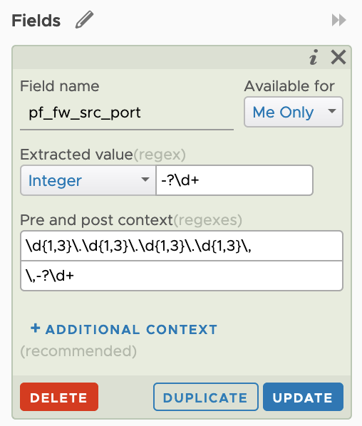 Shows the regex used to identify the source port in a firewall message.