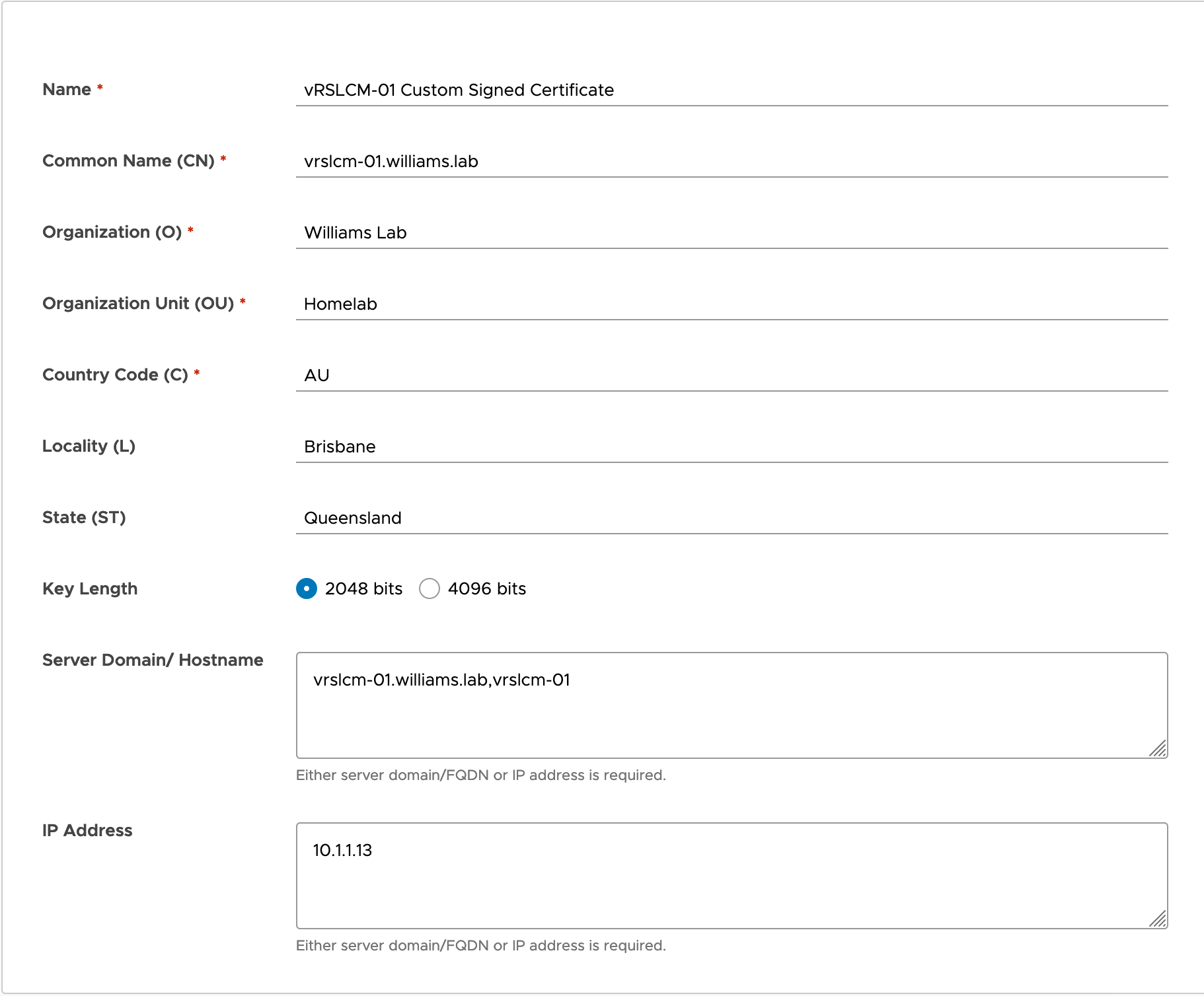 Example of CSR details for my homelab