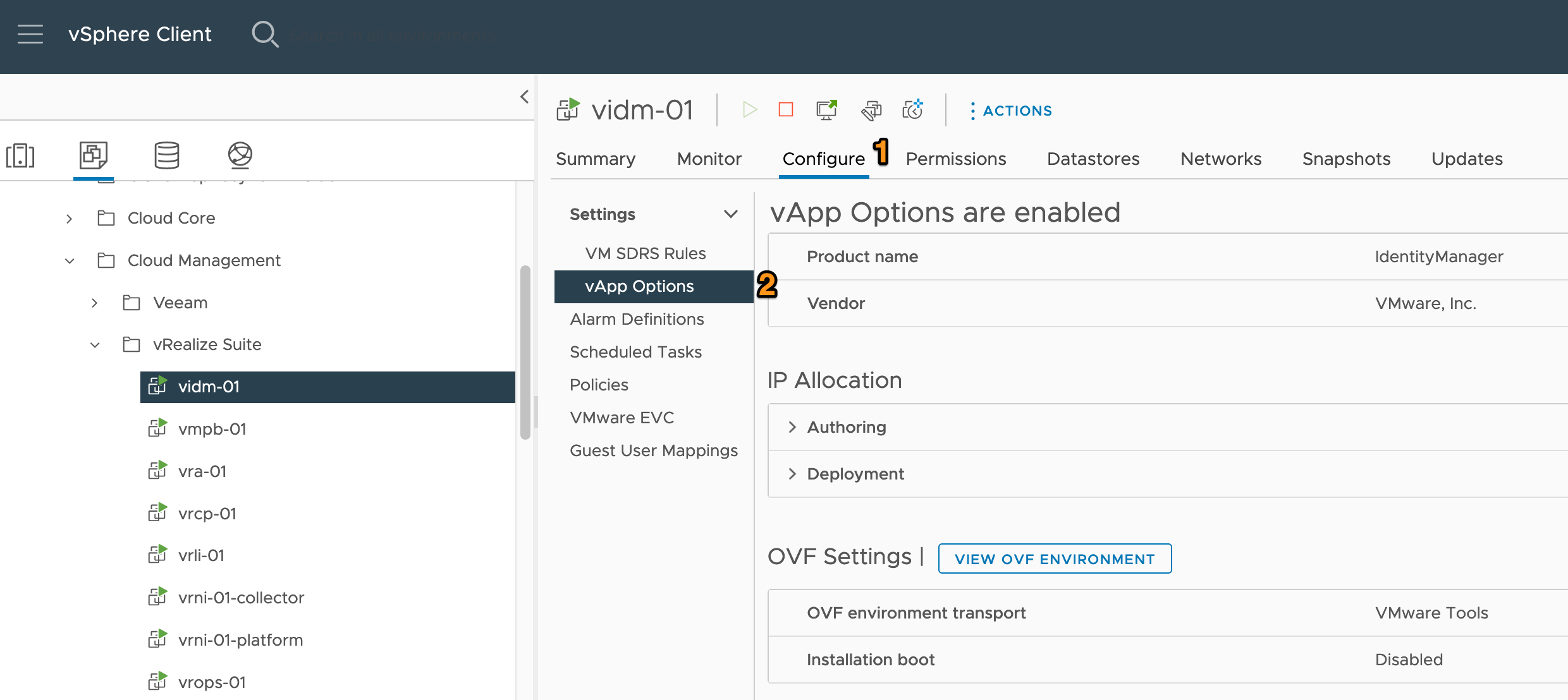 vApp Options screen for vIDM