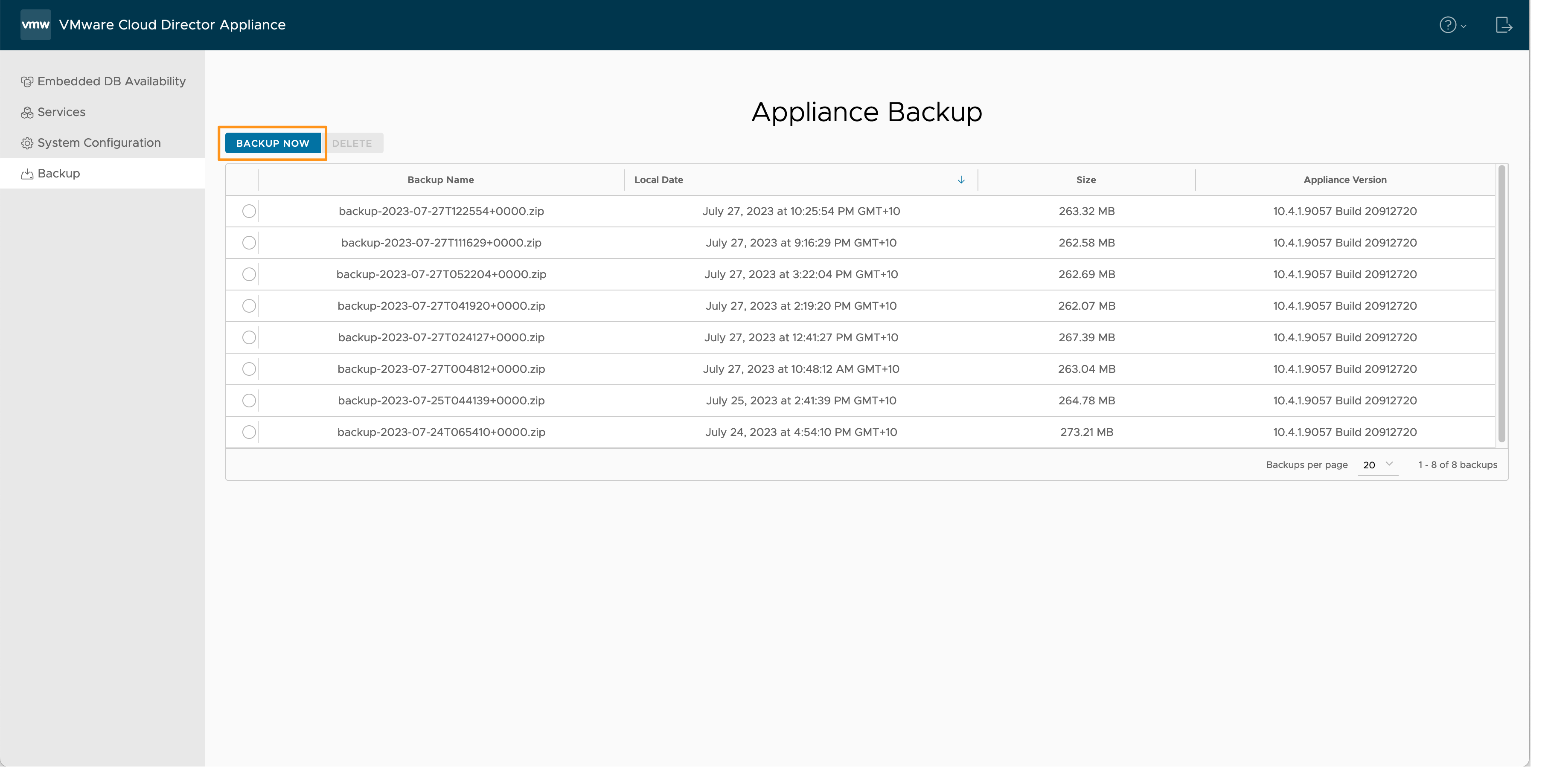 Create a new backup in the VAMI